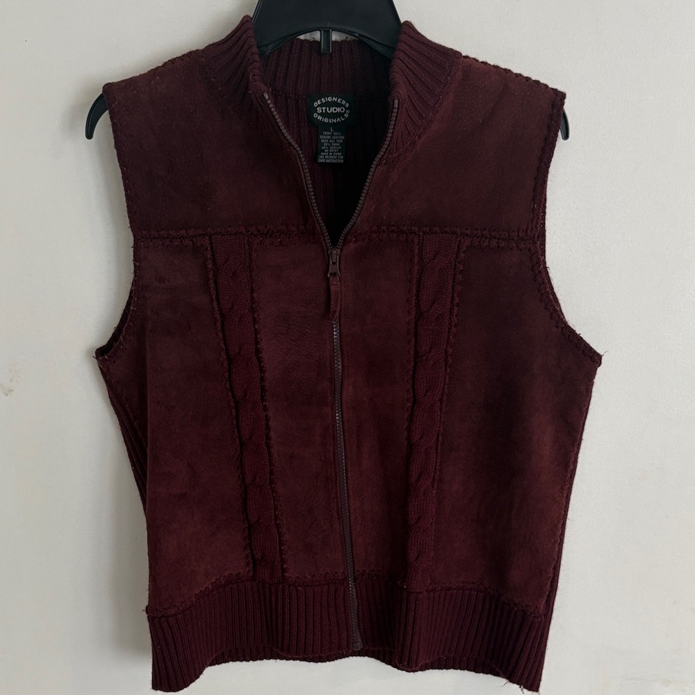 Burgundy Suede Sweater Vest with Zip